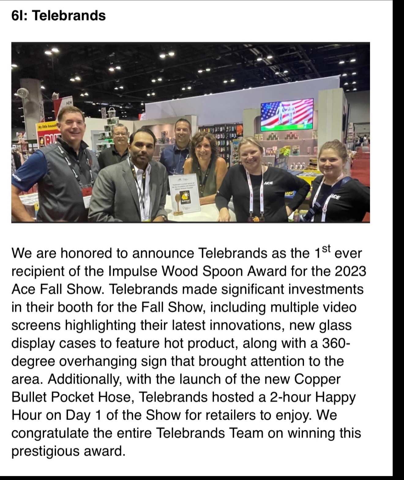 Announcement naming TeleBrands the first recipient of the 2023 Ace Fall Show Impulse Wood Spoon Award, with a team photograph