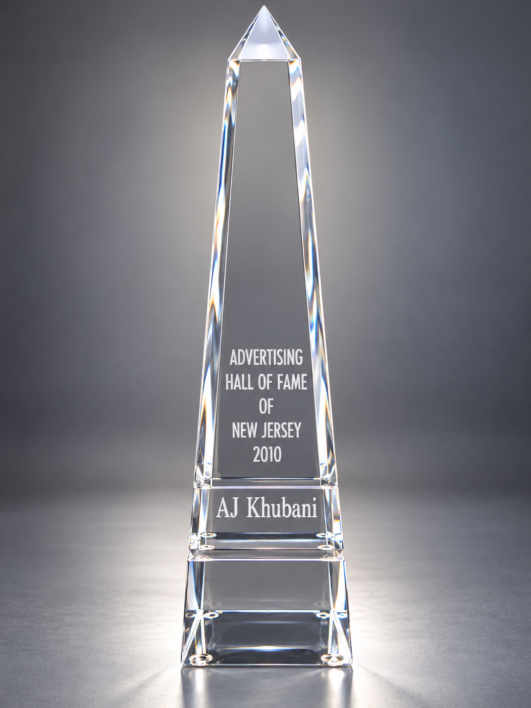 Advertising Hall of Fame of New Jersey trophy, engraved 2010 and AJ Khubani