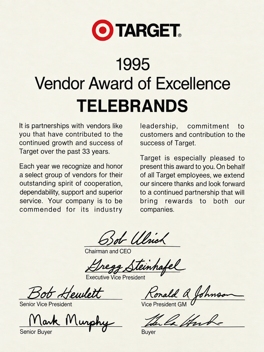 Target’s 1995 Vendor Award of Excellence certificate naming TeleBrands, with its frame removed