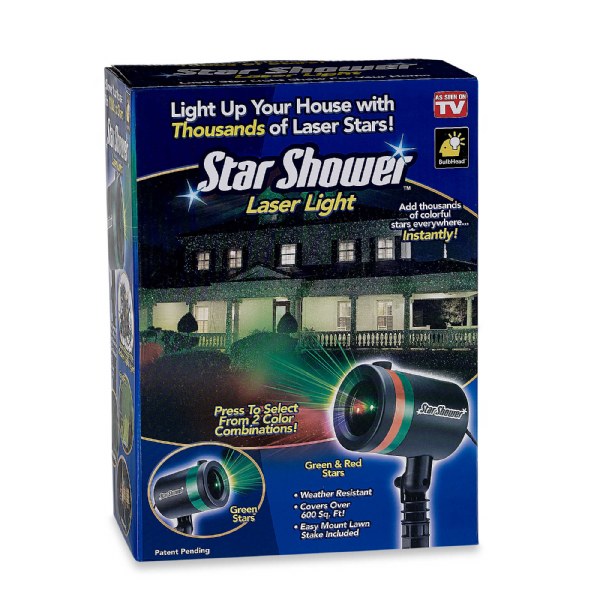 Original Star Shower Laser Light retail box showing the projector and illuminated home