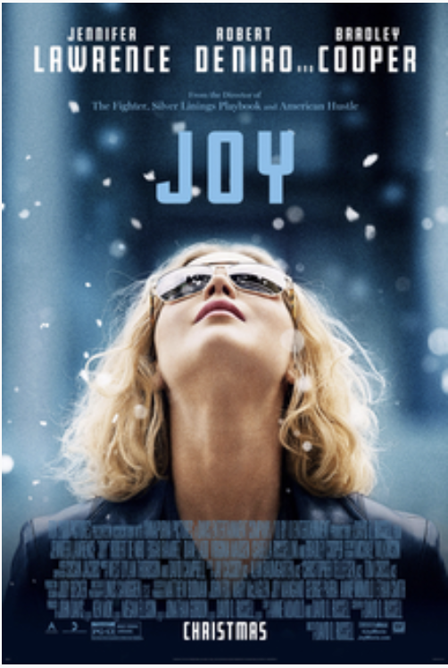 Joy movie poster featuring Jennifer Lawrence, with Jennifer Lawrence, Robert De Niro and Bradley Cooper named across the top