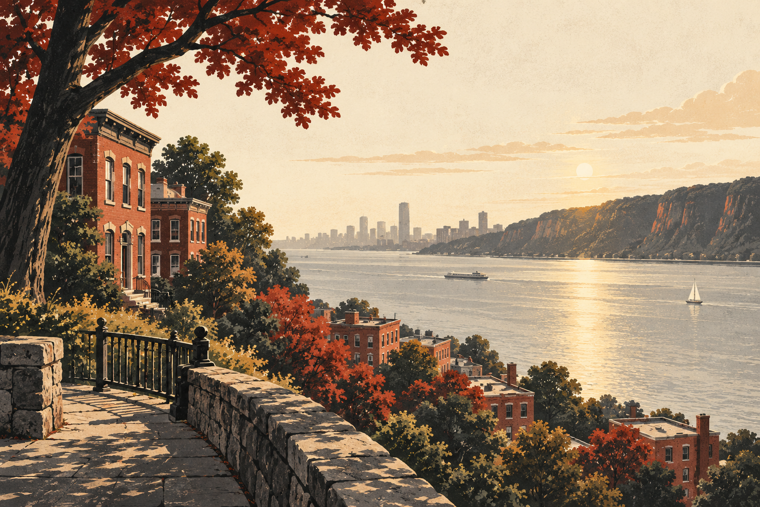 Illustrated New Jersey-inspired riverfront, brick buildings and leafy overlook