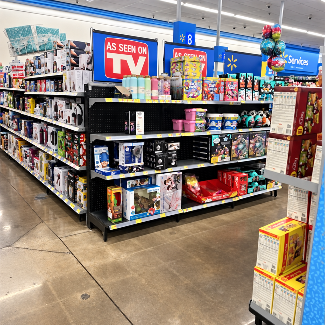AI-edited Walmart As Seen on TV department image, with the left support column removed and matching shelving reconstructed beside AJ’s red-and-white logo